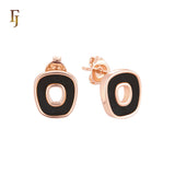 Irregular Hollow squared shaped of Black or White Onyx 14K Gold, Rose Gold Stud Earrings