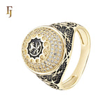 Luxurious Cluster Big white CZs flower painted black Signet 14K Gold Men's Rings
