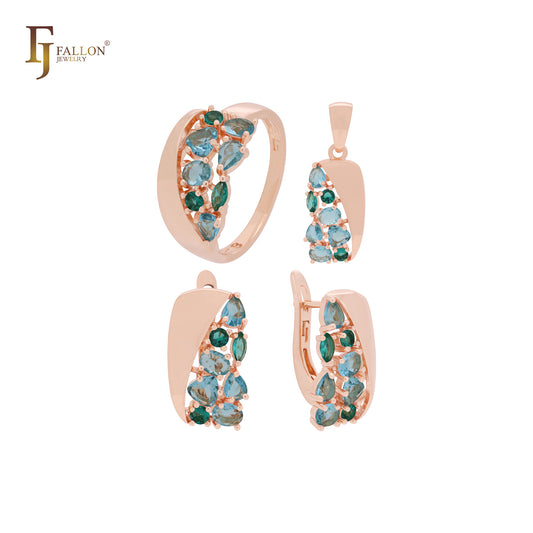 Conjunto de joyas de oro rosa con circonitas azules en racimo, anillos y colgante