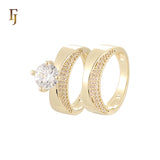 Geometric double white CZs paved 14K Gold, Rose Gold Wedding Set Rings Engagement and Band