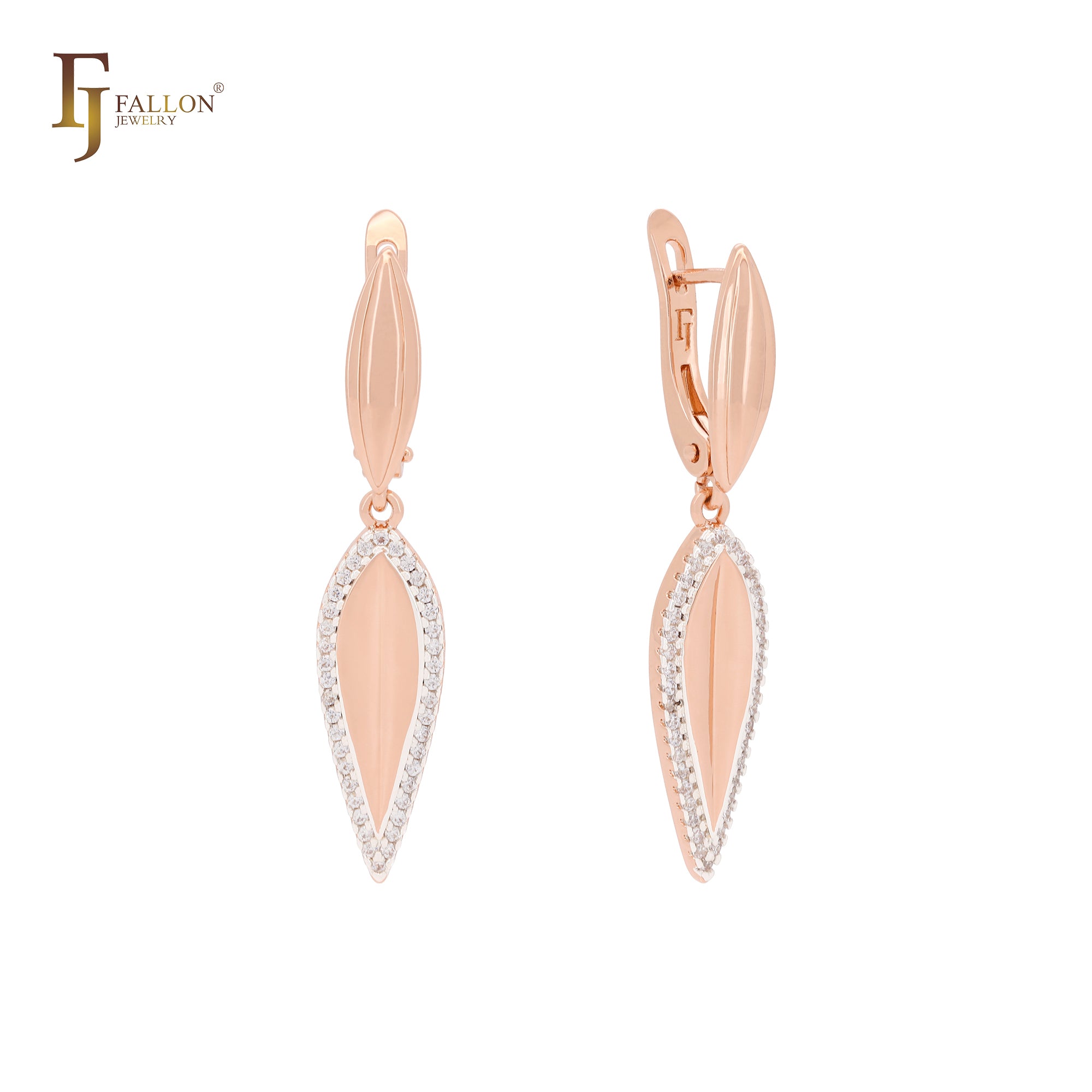 Marquise leaves surrounded white CZs Rose Gold two tone Russian Lock Earrings