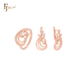 Conjunto de joyas de oro rosa con circonitas blancas y tres filas de ramas y hojas con anillos