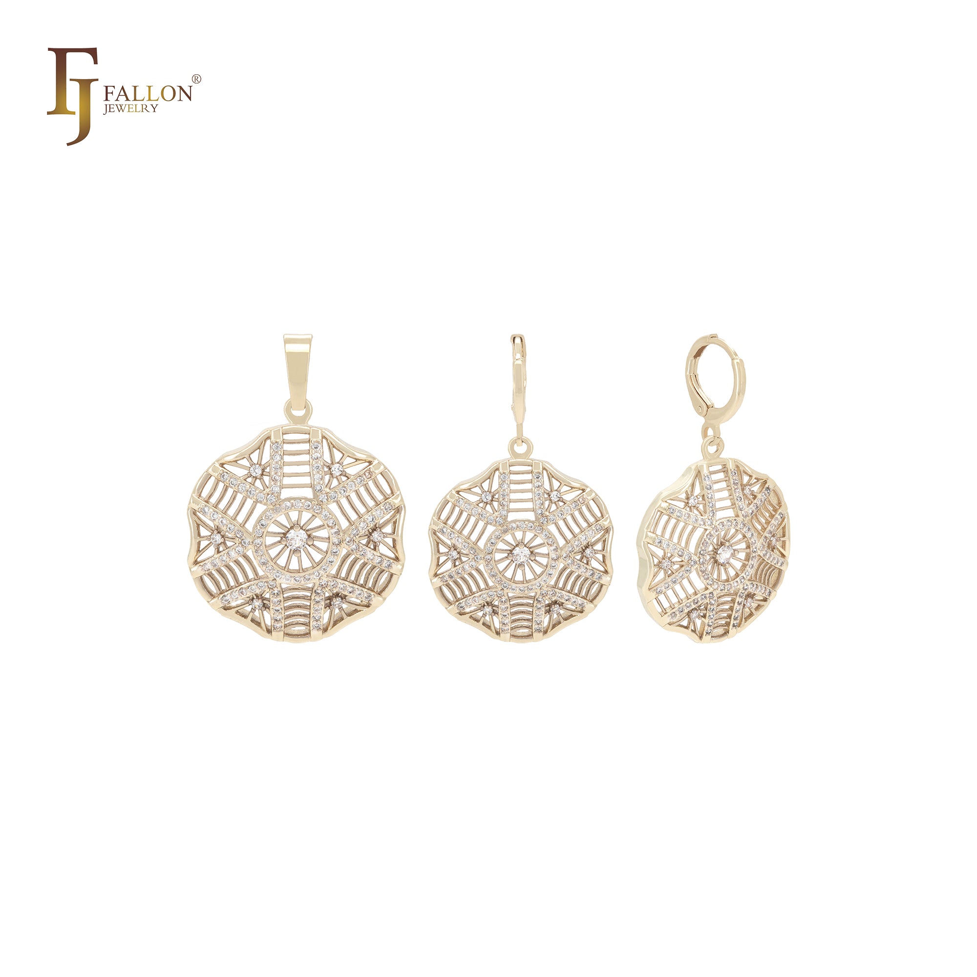 Conjunto de joias de ouro 14K com pingente e zircônias cúbicas brancas sobrepostas em flocos de neve