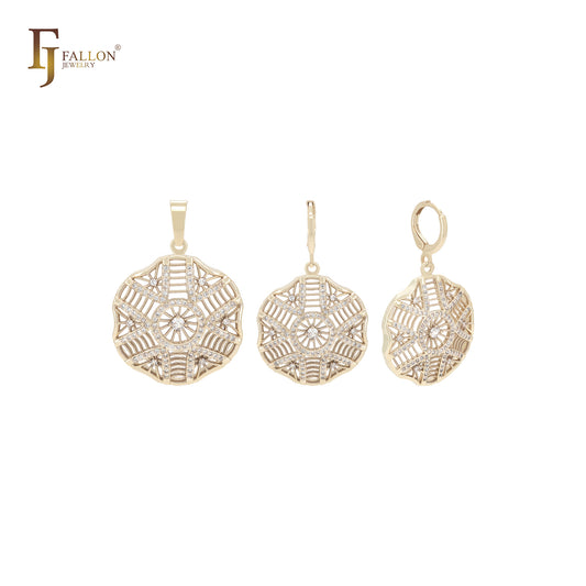 Conjunto de joias de ouro 14K com pingente e zircônias cúbicas brancas sobrepostas em flocos de neve