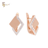 Double rhombus of white CZs Rose Gold two tone Russian Lock Earrings