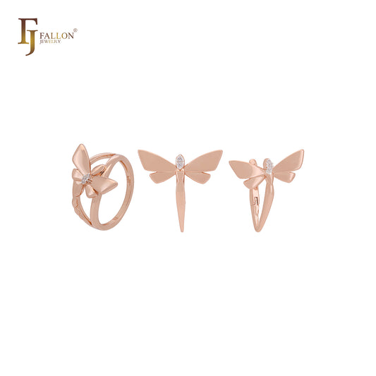 Dragonfly solitaire white CZ Rose Gold Jewelry Set with Rings