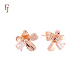 Flower blooming of petals of white CZs 14K Gold, Rose Gold Stud Earrings