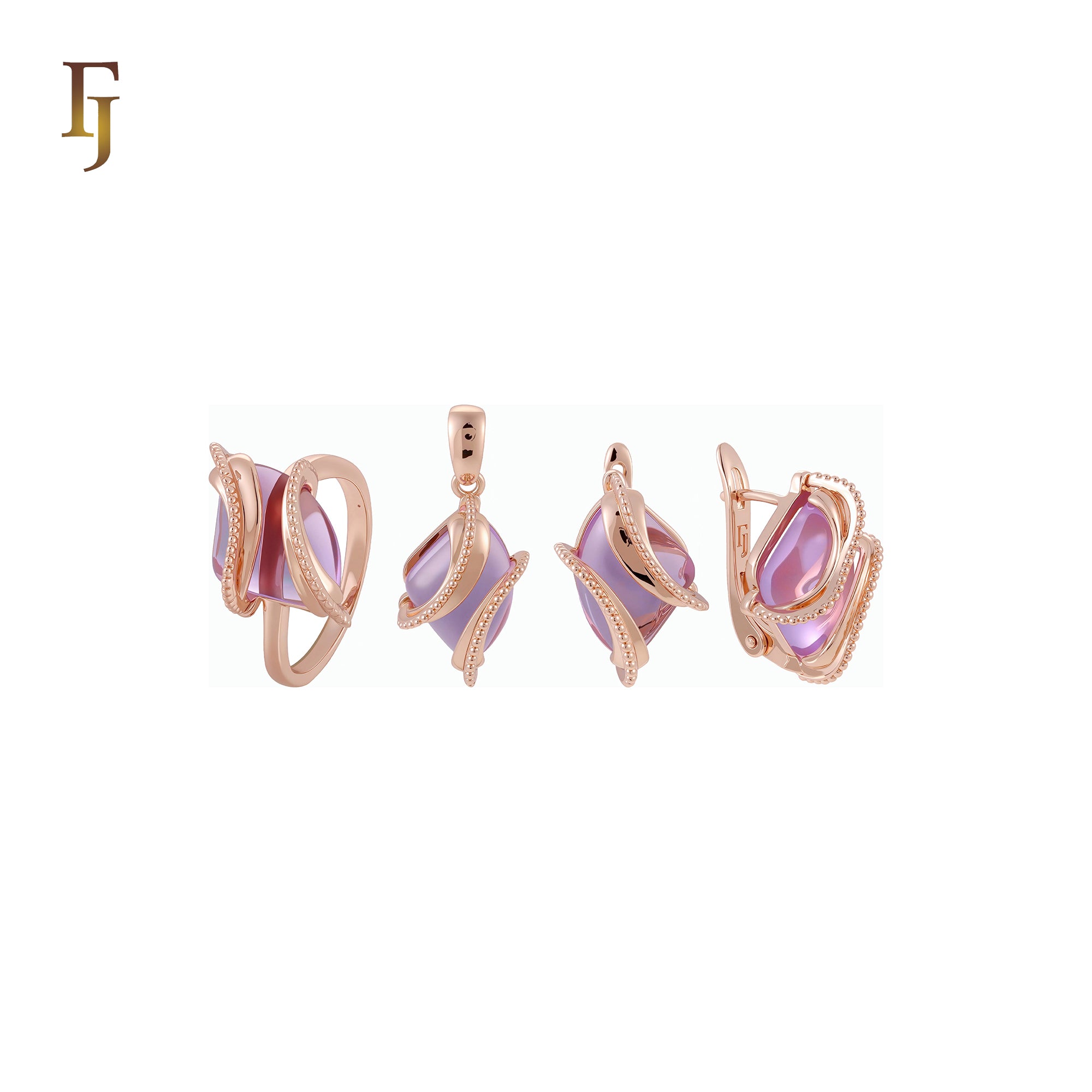 🔥 Double Ribbons clawed elegant Solitaire Colorful CZ Rose Gold Jewelry Set with Rings and Pendant