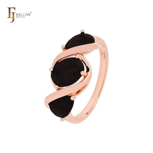 Anéis da moda em ouro rosa com zircônias cúbicas coloridas de três grupos