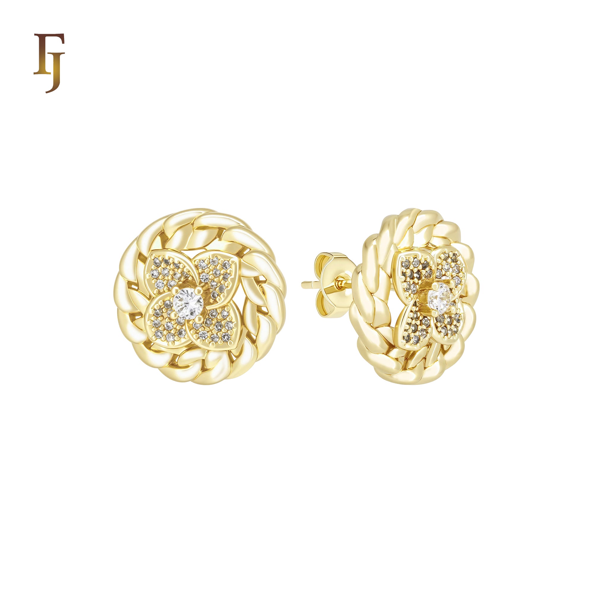 Rounded rope circle wide flora white CZs 14K Gold, Rose Gold Stud Earrings