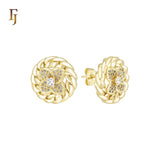 Rounded rope circle wide flora white CZs 14K Gold, Rose Gold Stud Earrings