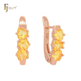 Triple Champagne Orange Yellow Triangular CZs Rose Gold Russian Lock Earrings