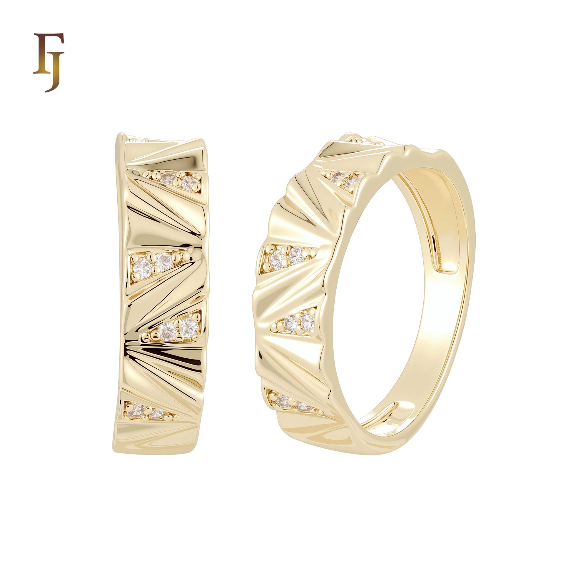 Solitaire white CZs Ribbon bands of double white CZs 14K Gold, Rose Gold Wedding Set Rings