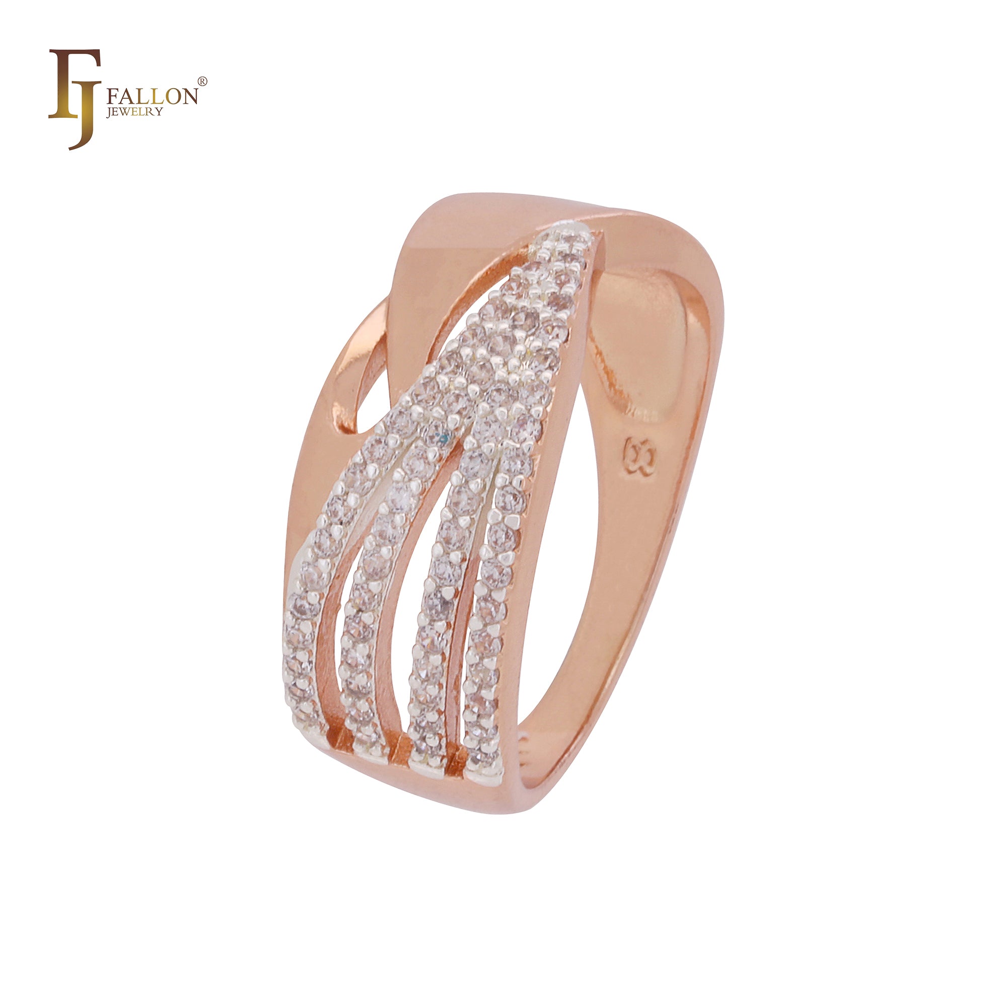 Anillos de moda de dos tonos en oro rosa con circonitas blancas entrelazadas