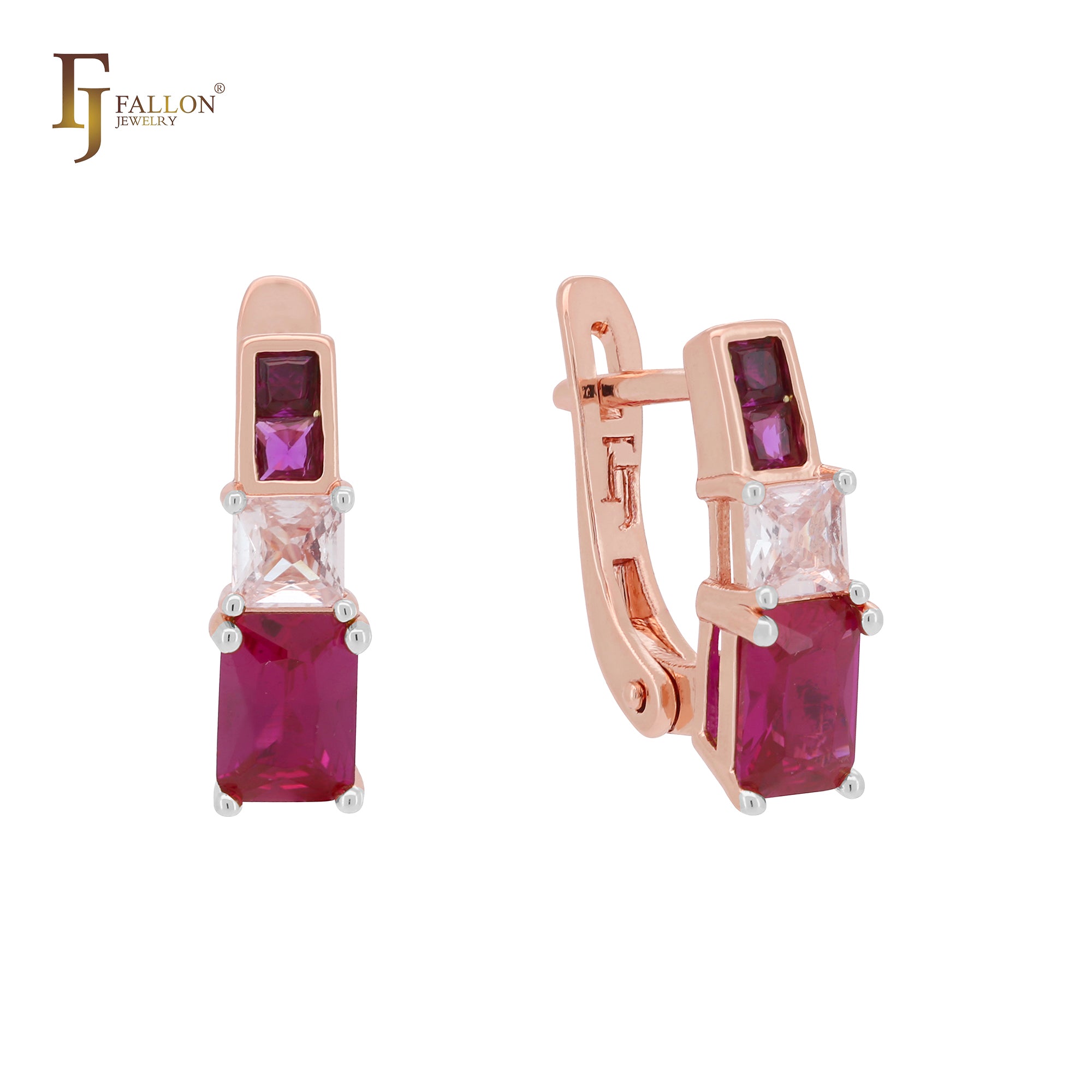 Squared CZs cluster colorful 14K Gold, Rose Gold Russian Lock Earrings