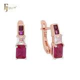 Squared CZs cluster colorful 14K Gold, Rose Gold Russian Lock Earrings