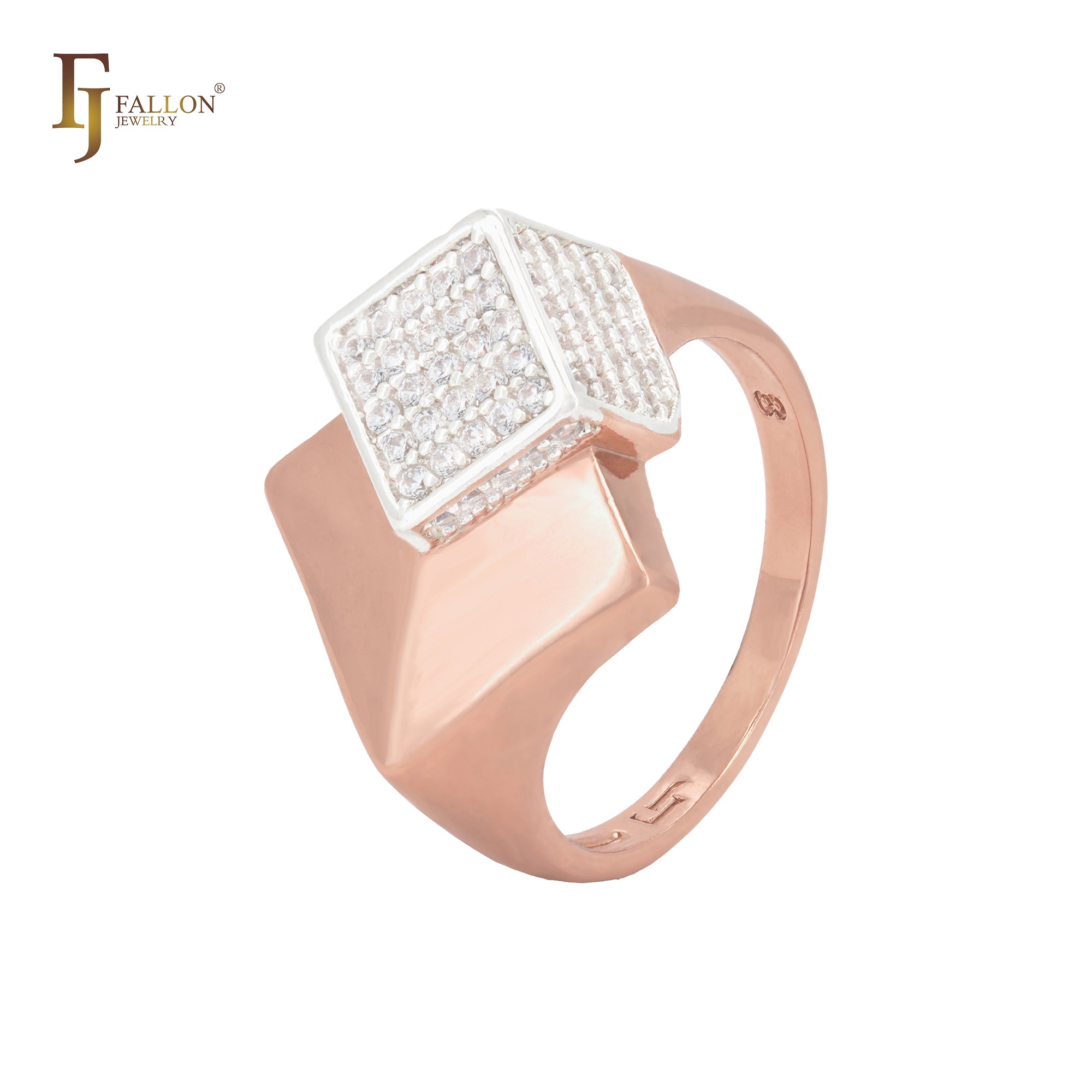 Anillos de moda de oro rosa con brillantes circonitas blancas incrustadas en forma de cubo.