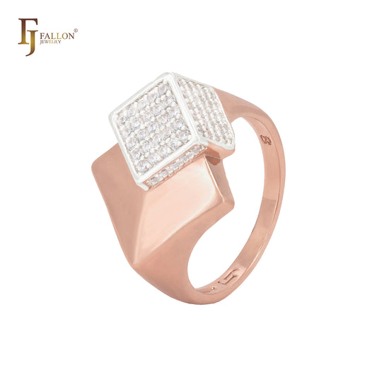 Cubo de CZs brancos brilhantes incrustados em anéis de moda em ouro rosa