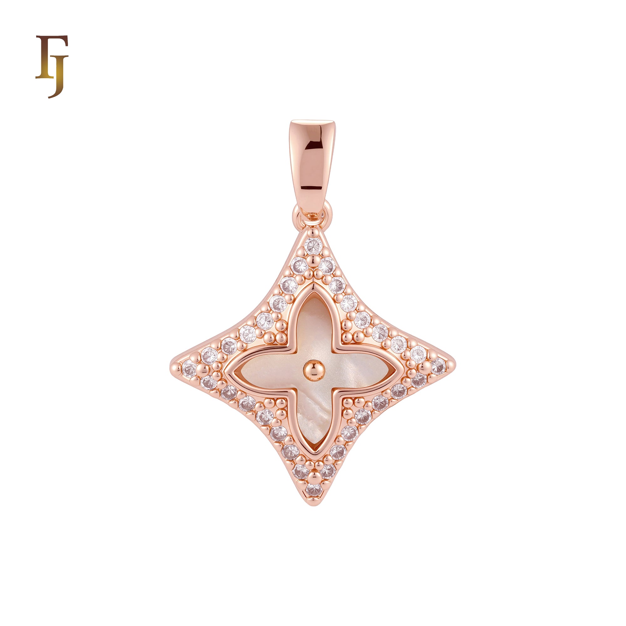 Lucky star Halo white CZs Clover of Black or white Onyx 14K Gold, Rose Gold Pendant