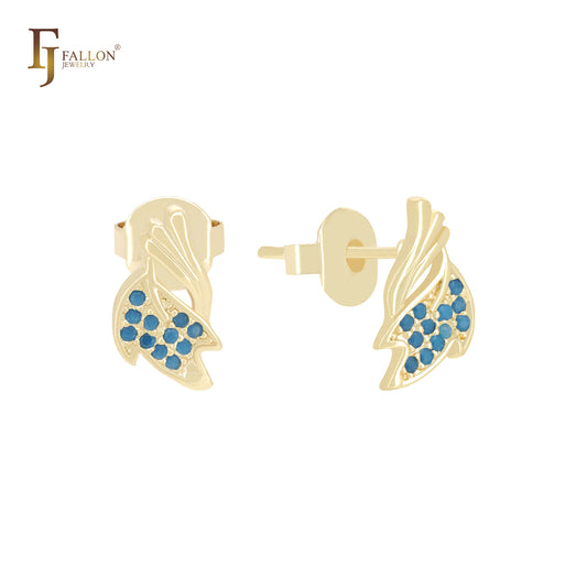 Branch and Leaves cluster white CZs 14K Gold Stud Earrings