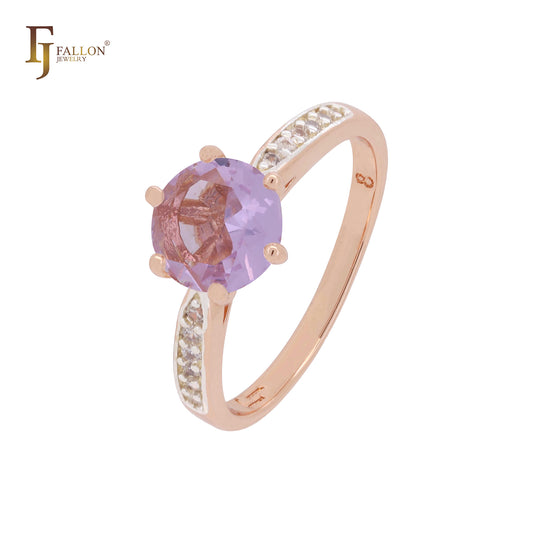 Elegantes anillos de compromiso de oro rosa en dos tonos con circonita cúbica blanca o violeta rosa.