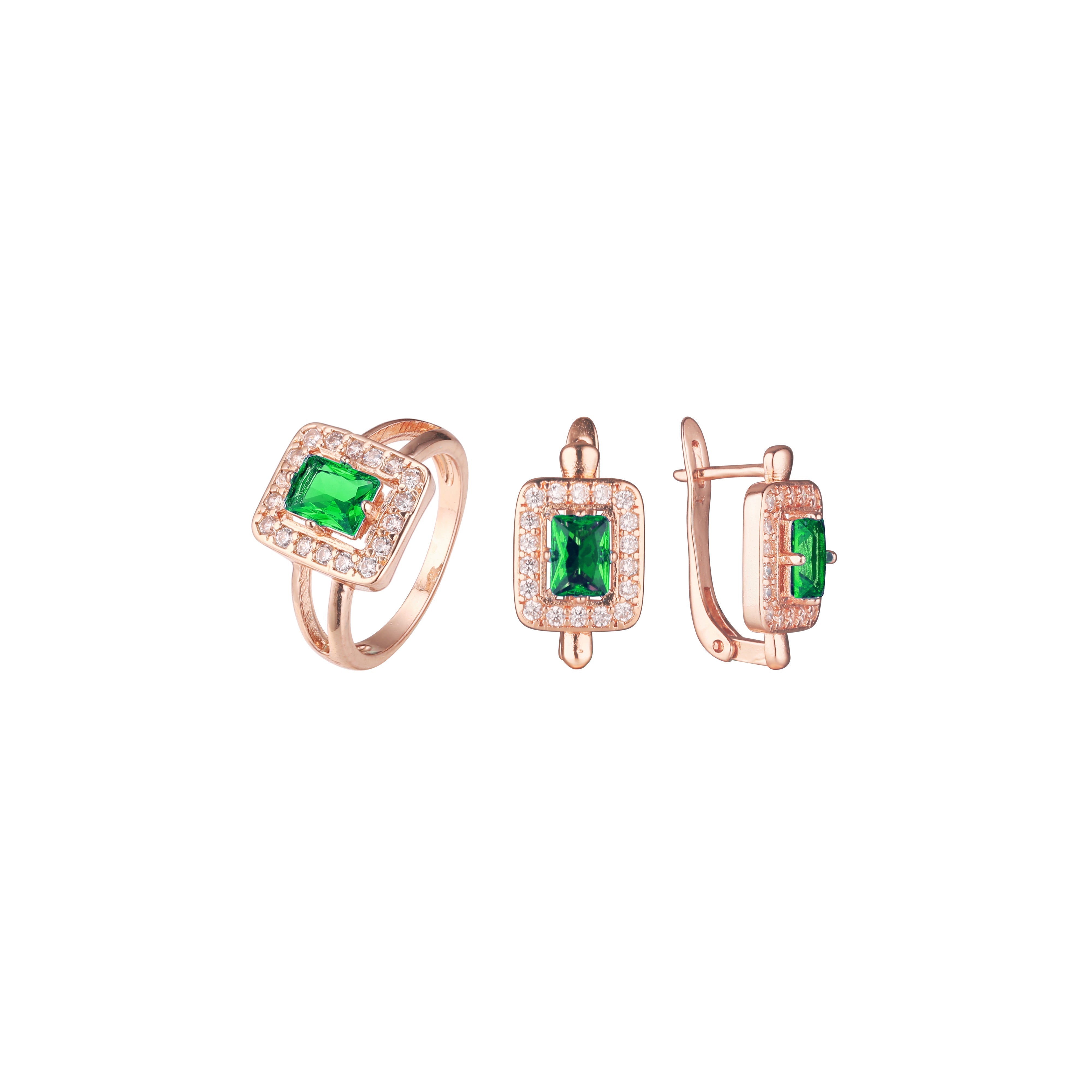 .Emerald cut stone Halo paved white cz rings 玫瑰金首饰套装