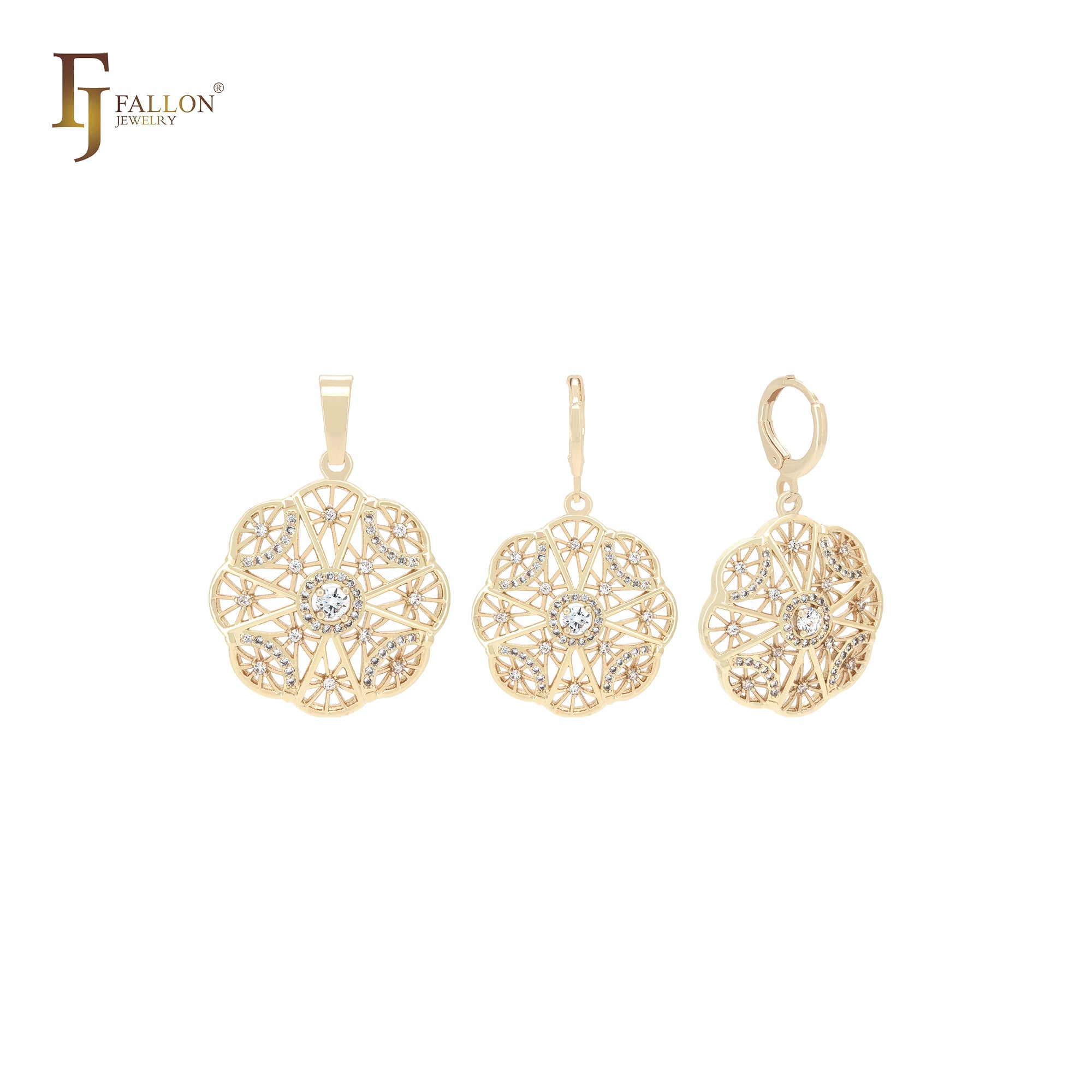 Achteckige Schneeflocke mit weißem Zirkonia-Cluster, 14 Karat Gold, Schmuckset mit Anhänger