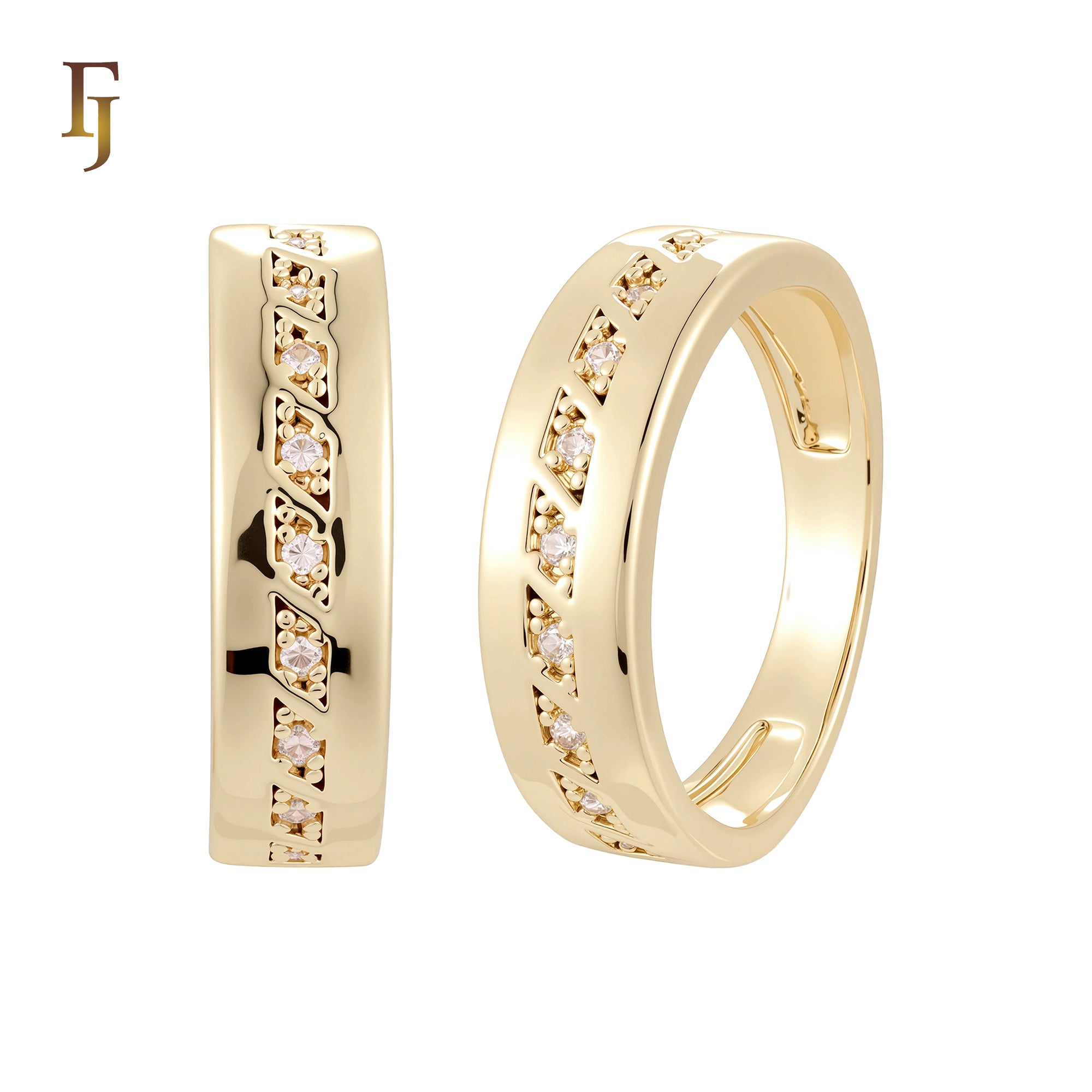 Center partial squared white CZs 14K Gold, Rose Gold Wedding Set Rings Engagement and Band