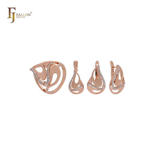 Lágrima misteriosa de fila de circonitas blancas Conjunto de joyería de oro rosa de dos tonos con anillos y colgante