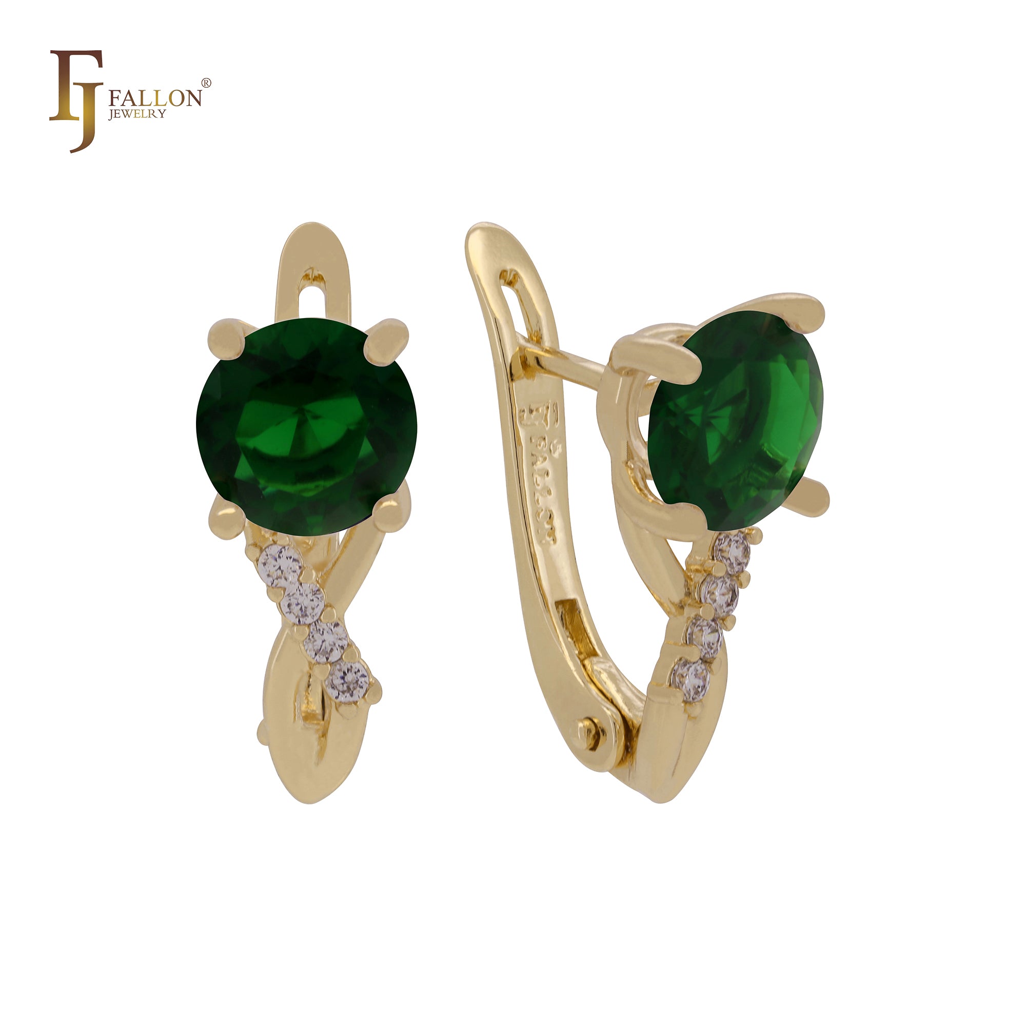 Solitaire round colorful CZ blooming Rose Gold, 14K Gold Russian Lock Earrings