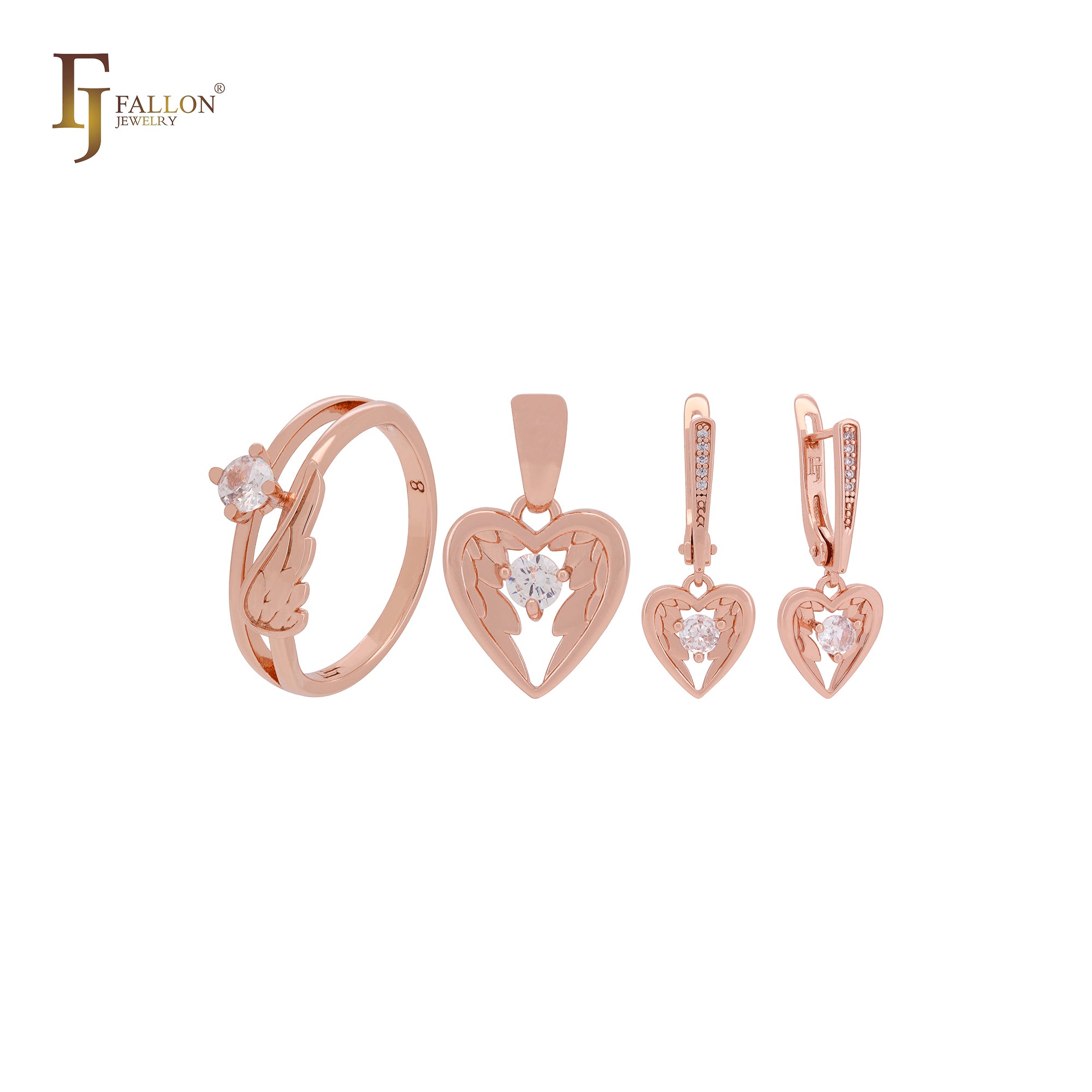 Engelsflügel mit Herz, weißer Zirkonia, Roségold, Schmuckset mit Ringen