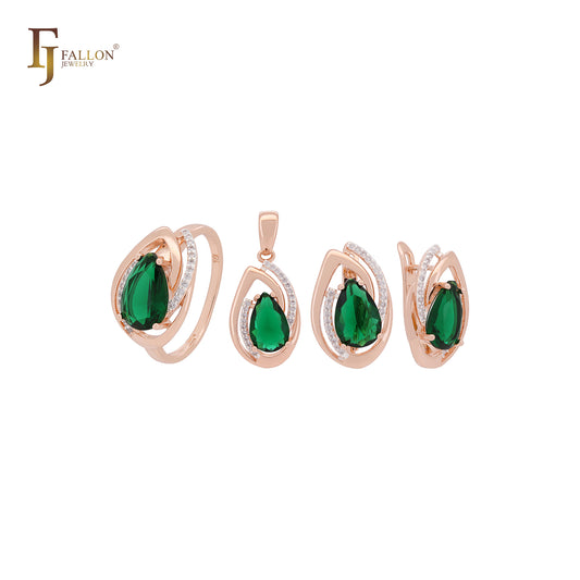 Double teardrop shaped leaves of white CZ solitaire CZ Rose Gold two tone Jewelry Set with Rings and Pendant