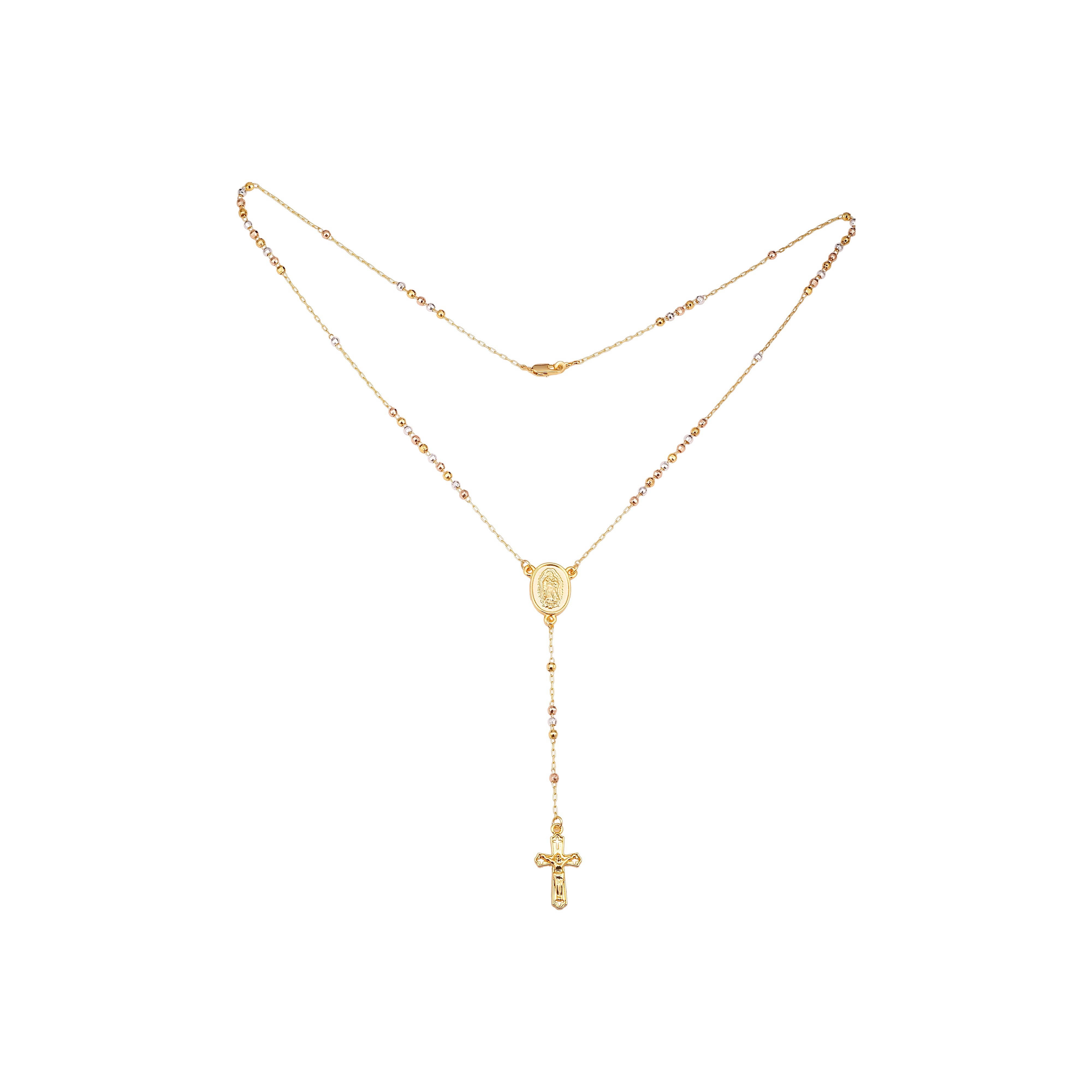Italian Virgin of Guadalupe Catholic Rosary Necklace (Faceted Disco Beads) plated in 14K Gold, 14K Gold two tone