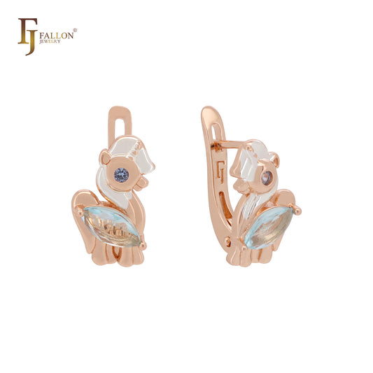 Brincos infantis fofos de unicórnio solitário marquise CZ ouro rosa bicolor