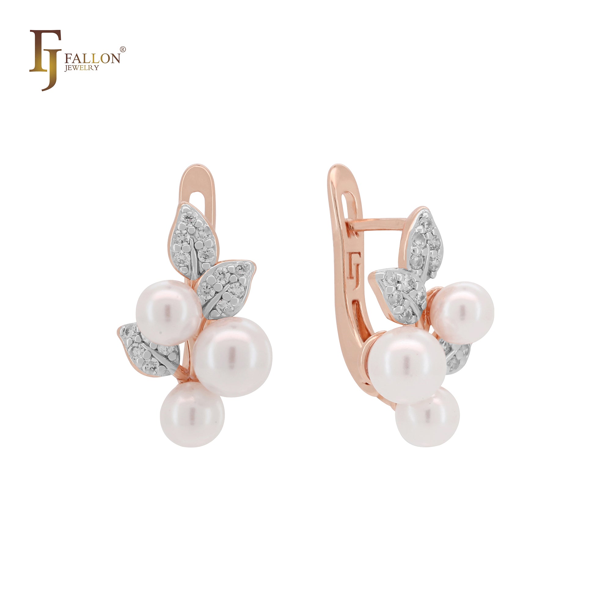 Triple pearls and leaves 14K Gold, Rose Gold, two tone Russian Lock Earrings