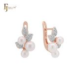 Triple pearls and leaves 14K Gold, Rose Gold, two tone Russian Lock Earrings