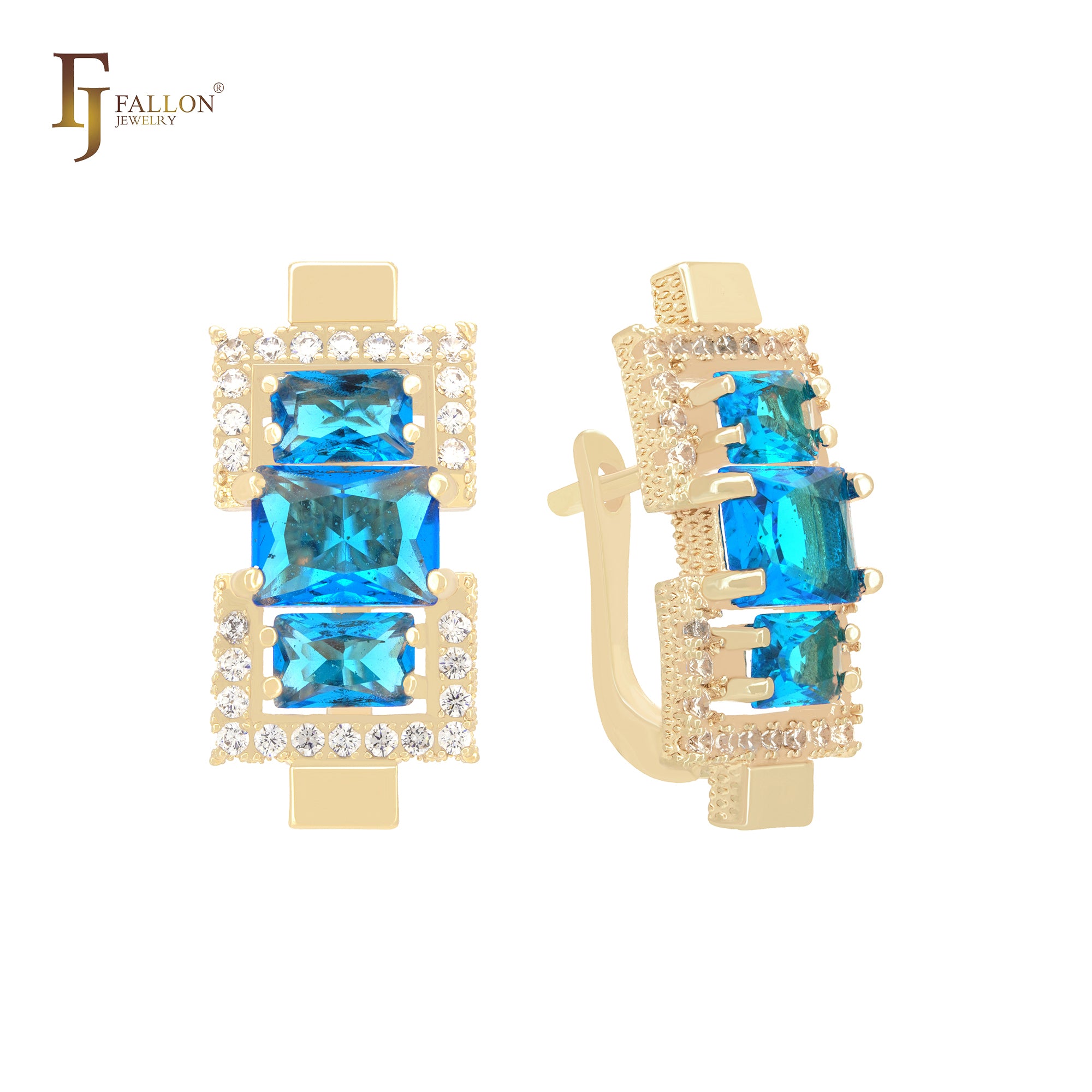 Triple baguette lake blue CZs cluster 14K Gold, Rose Gold Russian Lock Earrings