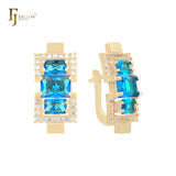 Triple baguette lake blue CZs cluster 14K Gold, Rose Gold Russian Lock Earrings