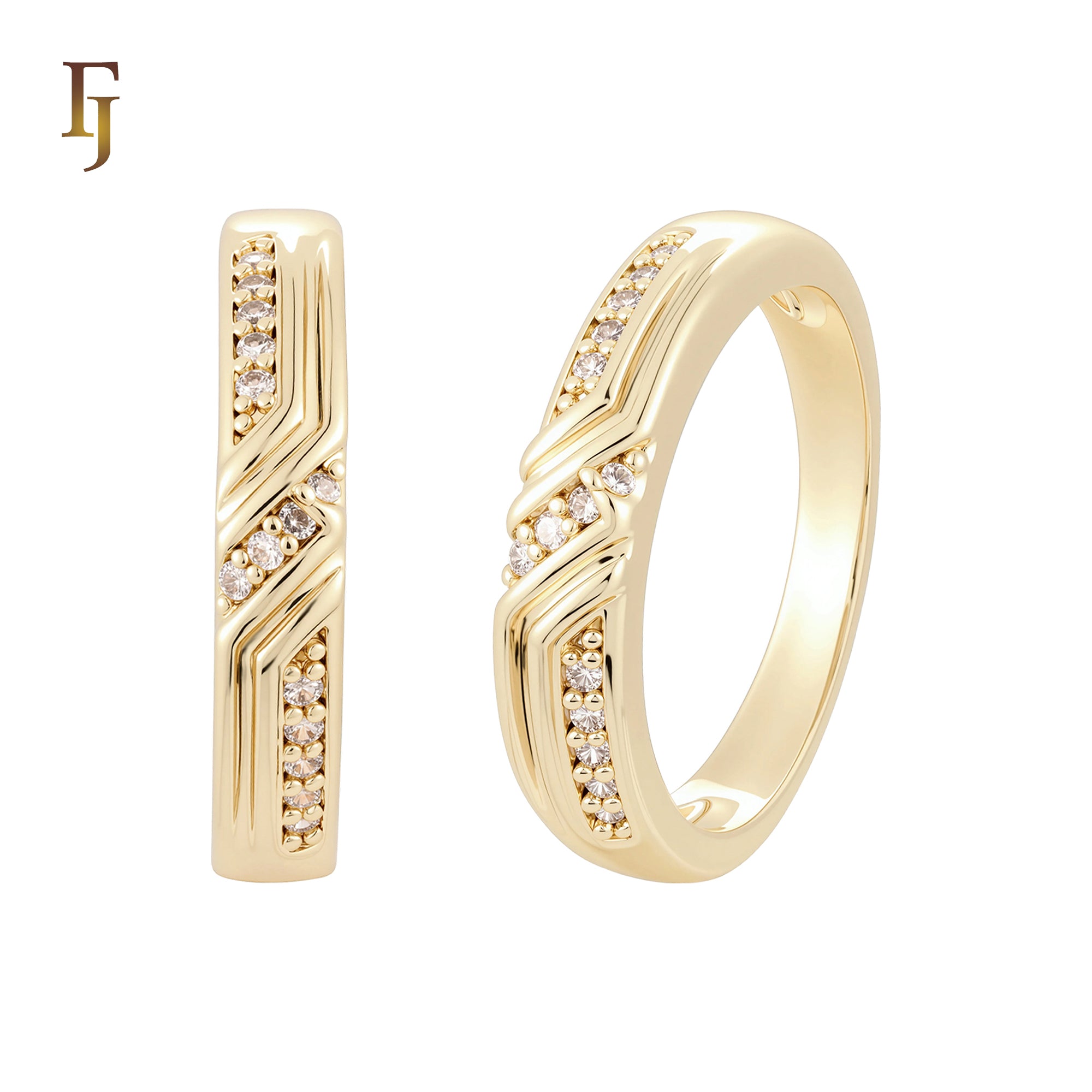 Twisted white CZs paved 14K Gold, Rose Gold Wedding Set Rings Engagement and Band