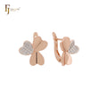 Triple heart leaves flower white CZs Rose Gold two tone Russian Lock Earrings