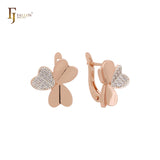 Triple heart leaves flower white CZs Rose Gold two tone Russian Lock Earrings