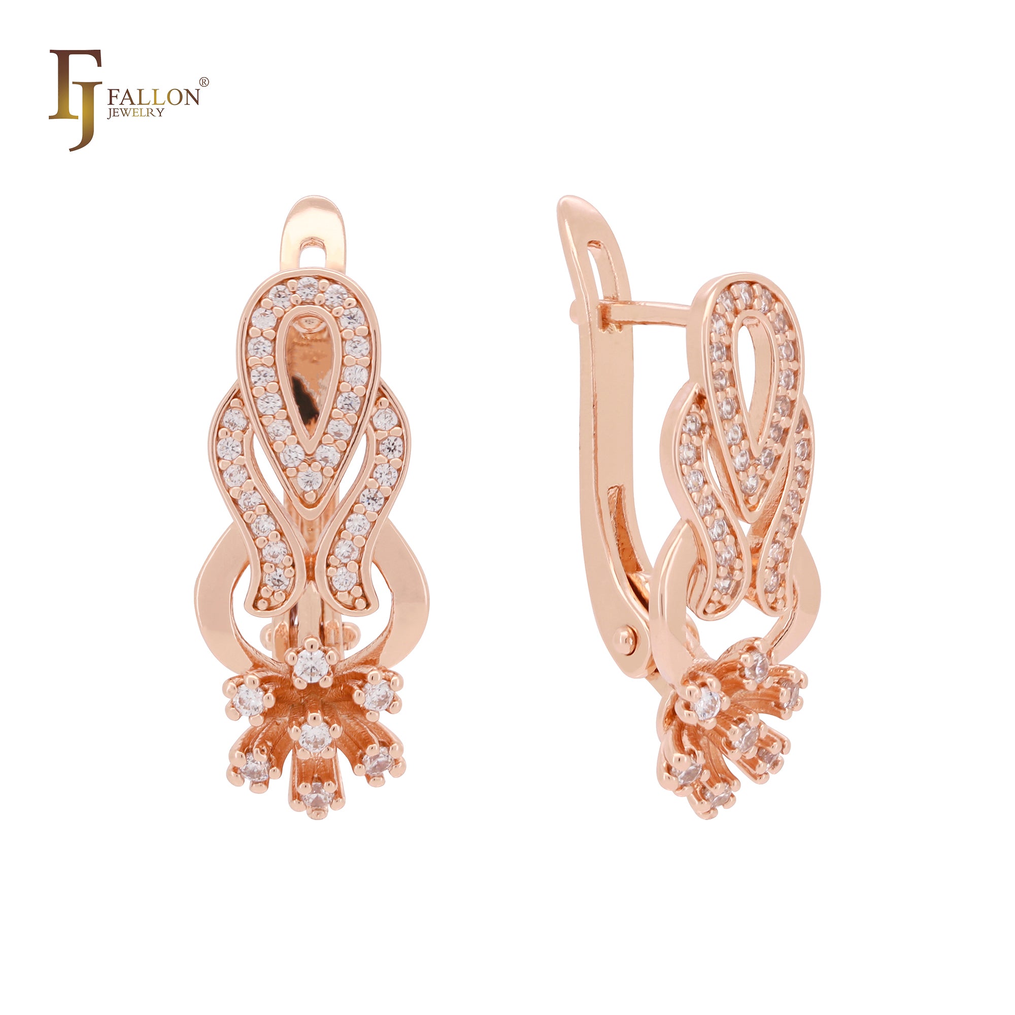Cluster white CZs teardrop flower Rose Gold Earrings