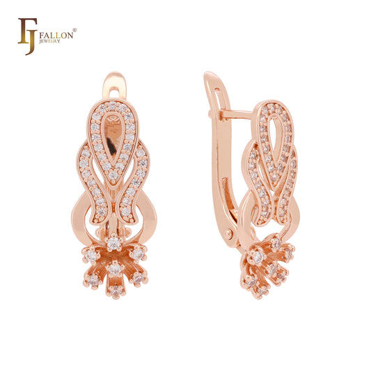 Cluster white CZs teardrop flower Rose Gold Earrings