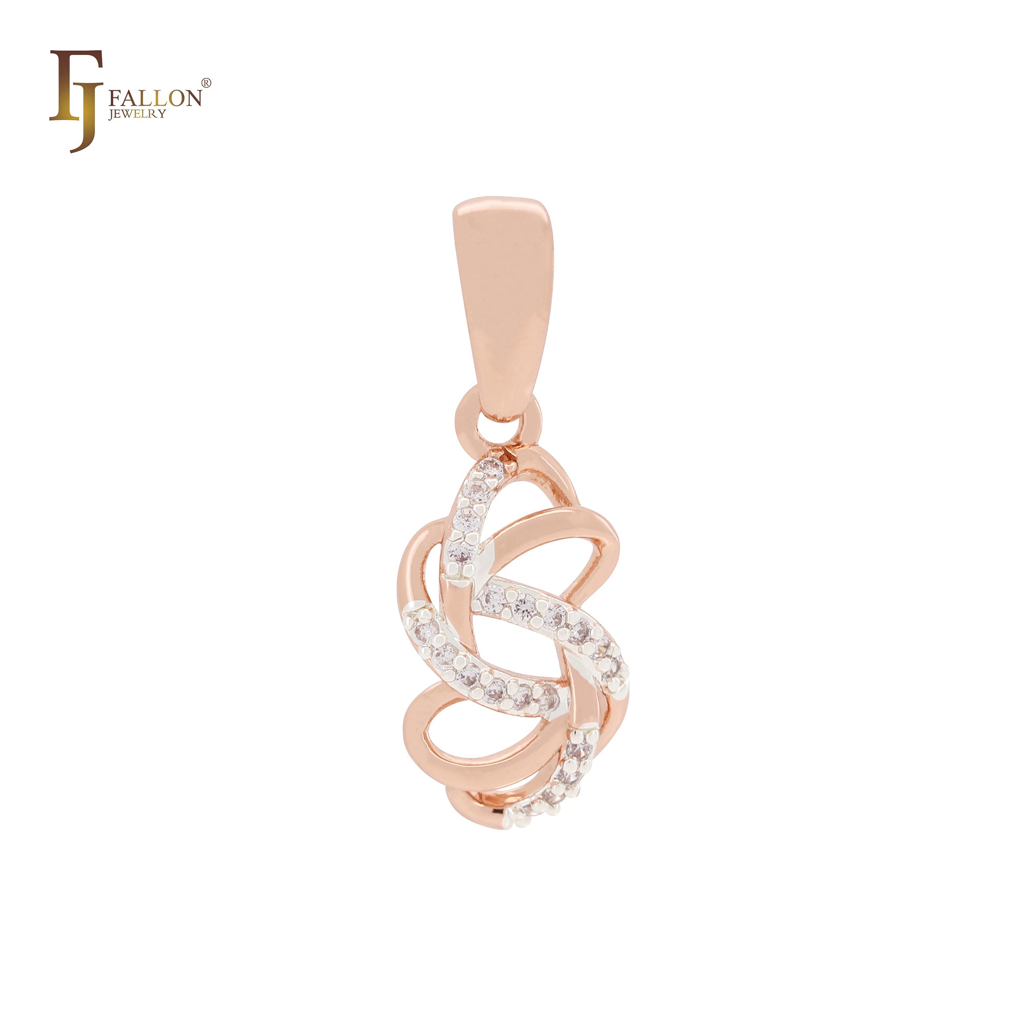 Colgante de oro rosa de dos tonos con circonitas blancas entrelazadas y cintas giratorias