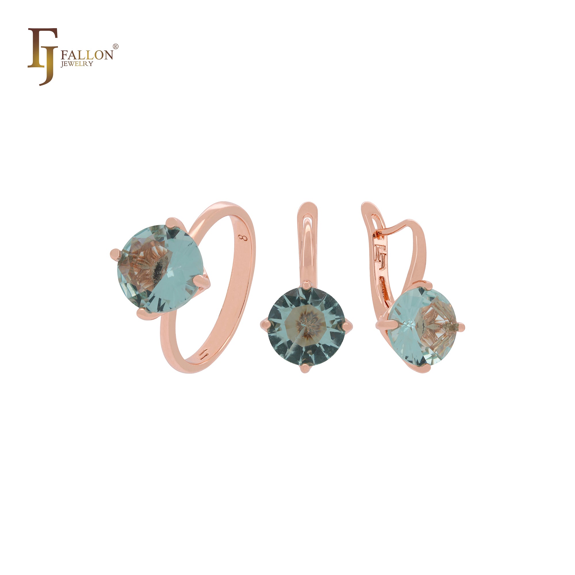 Conjunto de joyas de oro rosa con circonitas cúbicas redondeadas, solitario gigante de cuatro garras y anillos