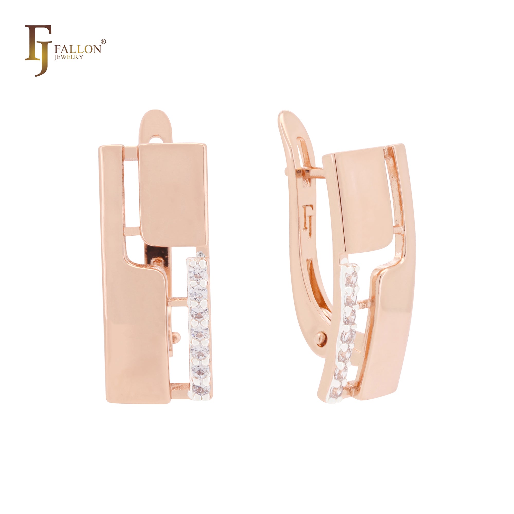 Squared white CZs Rose Gold two tone Russian Lock Earrings