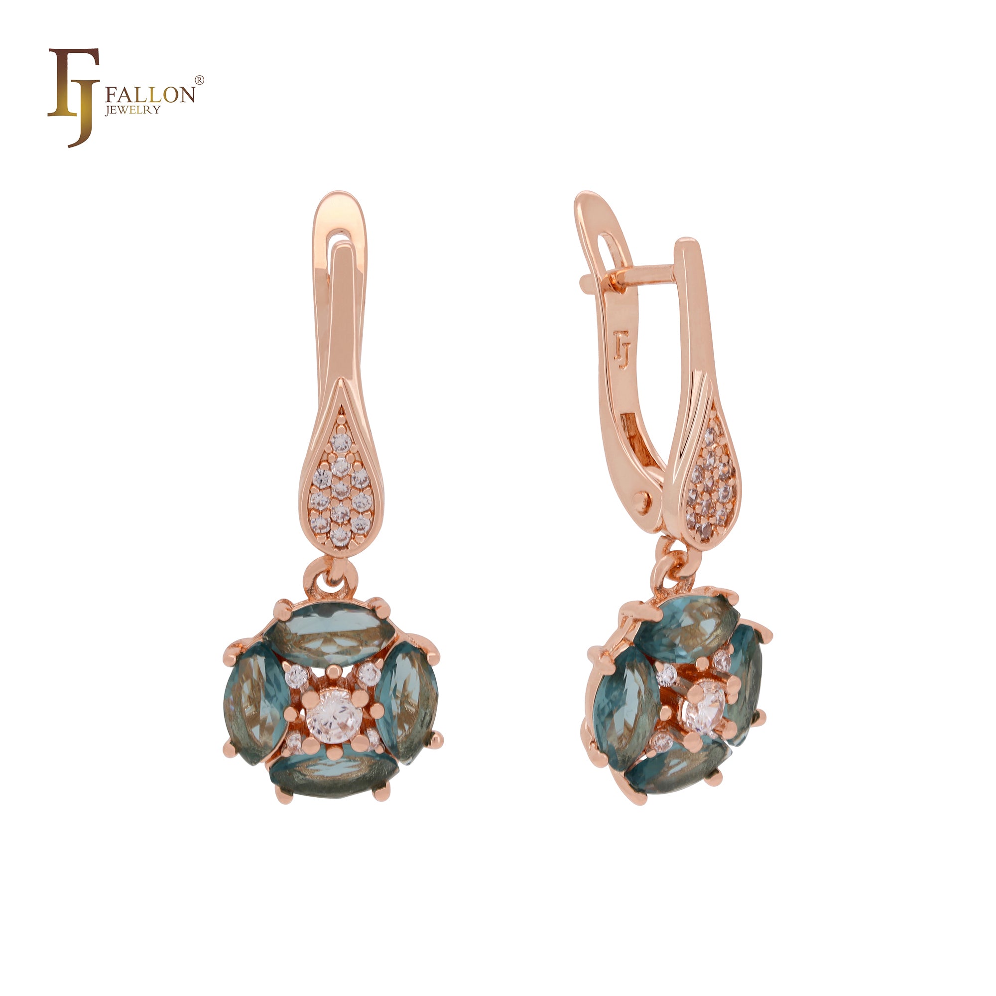 Luxurious cluster deep Apple Green CZs Rose Gold Russian Lock Earrings