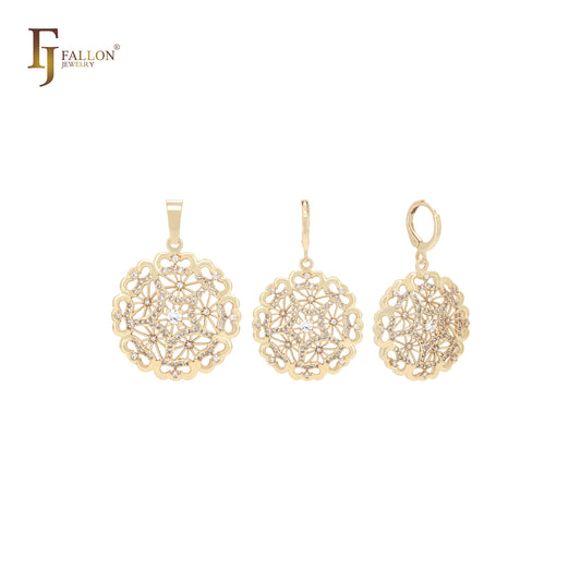 Luxuoso conjunto de joias de ouro 14K com pingente e zircônias cúbicas brancas em formato de caleidoscópio