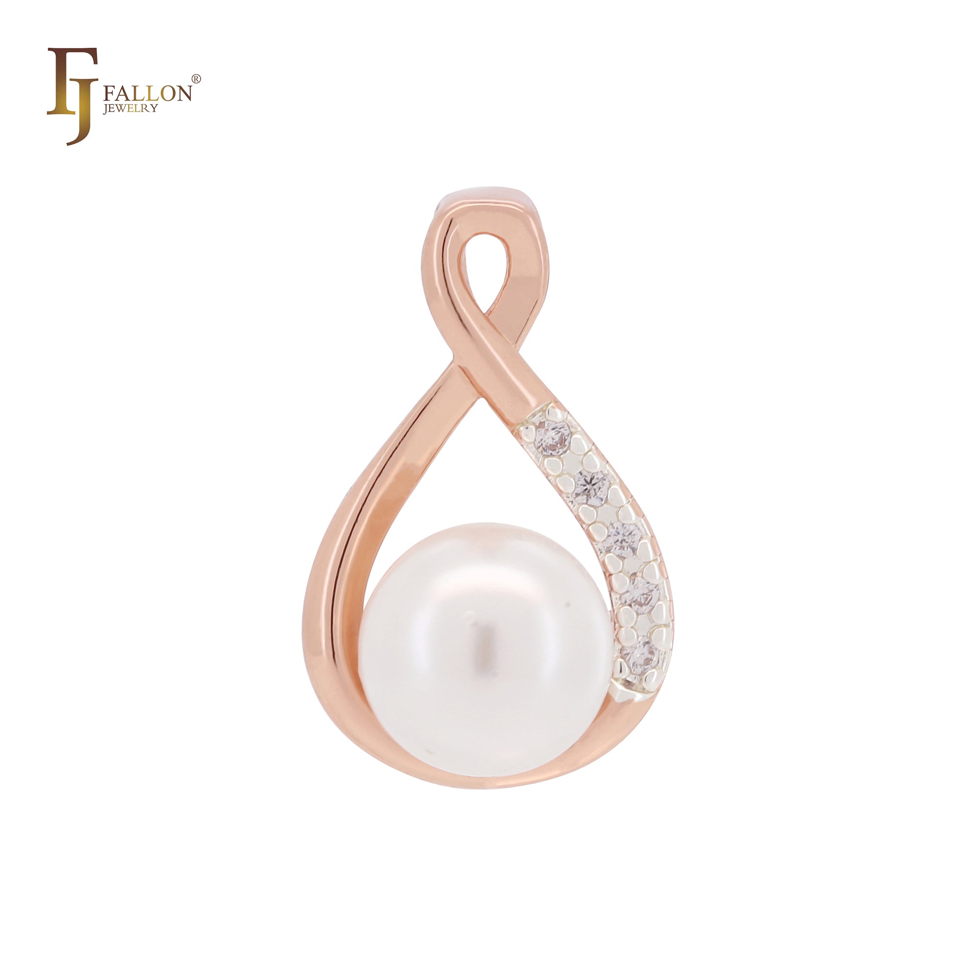 Perle mit weißen Zirkonia-Steinen – Minimalismus-Solitäranhänger aus Roségold, zweifarbig