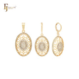 Conjunto de joias de ouro 14K com pingente e zircônias cúbicas brancas em filigrana oval